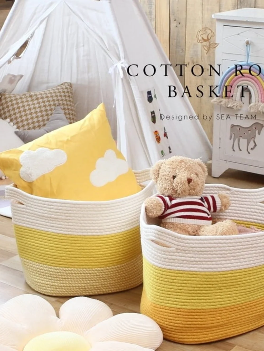Striped Yellow Cotton Tote - Laundry Basket - Colorblock Toy Organizer NWT